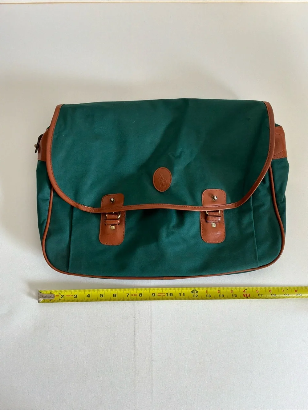 Polo Ralph Lauren Green Canvas Messenger Laptop Bag Brown Leather Trim